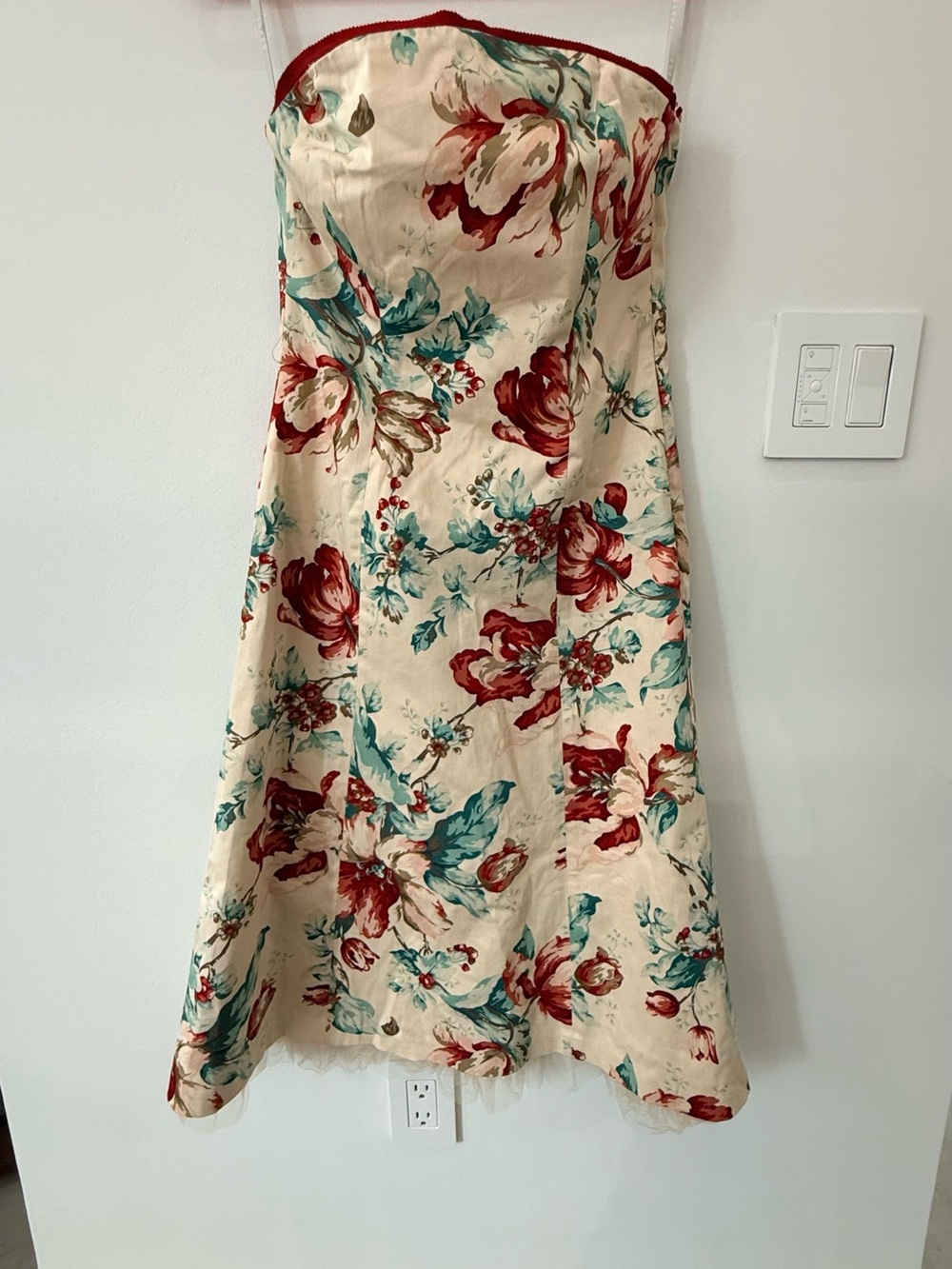 Strapless Floral A-Line Dress in Cream with Red & Teal Accents